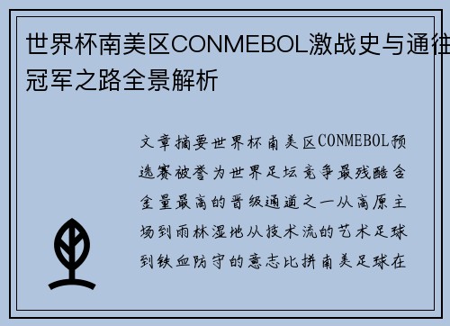 世界杯南美区CONMEBOL激战史与通往冠军之路全景解析