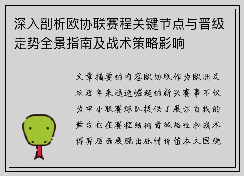 深入剖析欧协联赛程关键节点与晋级走势全景指南及战术策略影响